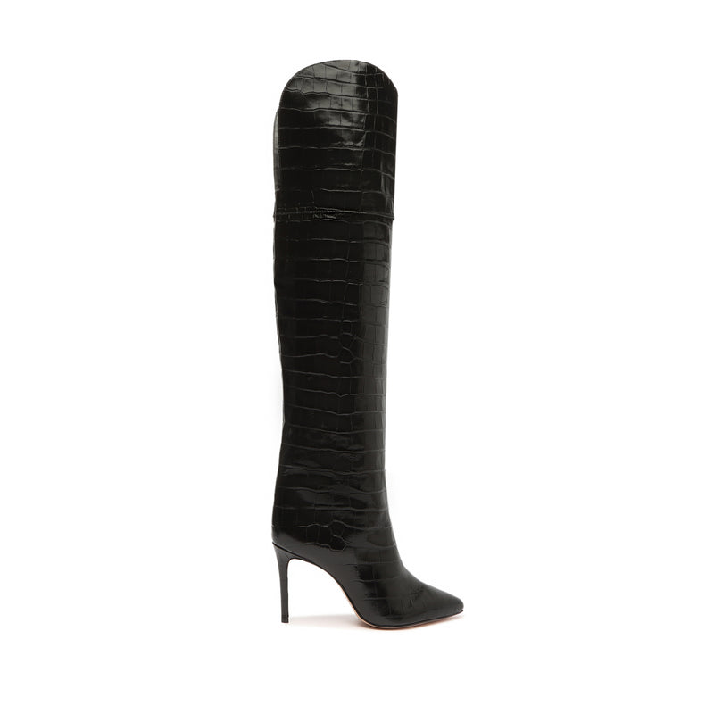 Maryana Over the Knee Leather Boot Boots Fall 23 5 Black Crocodile-Embossed Leather - Schutz Shoes